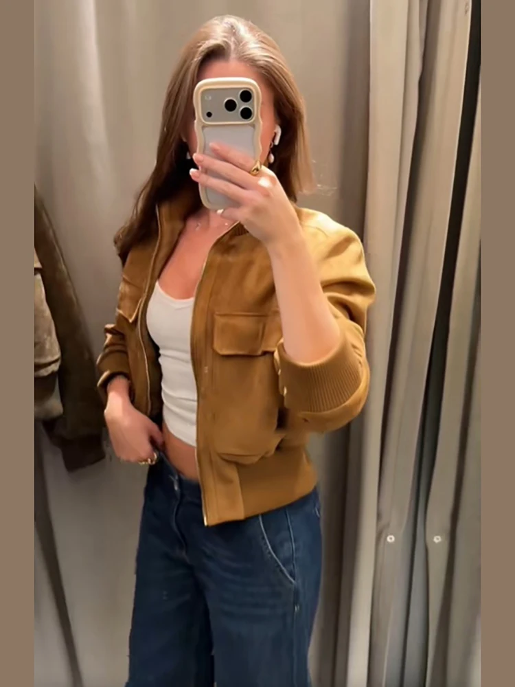 Schicke Jacke aus Kunstwildleder mit geripptem Bündchen für Damen, Retro-Stehkragen, Taschen, Reißverschluss, elastische Taille, Herbst-Alltags-Streetwear 2026 – Detail 10