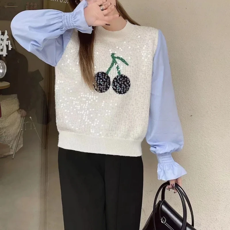 

Весенне-осенние новые модные пуловеры с длинными рукавами и принтом, женская одежда, искусственный вязаный корейский универсальный топ из двух предметов с блестками
