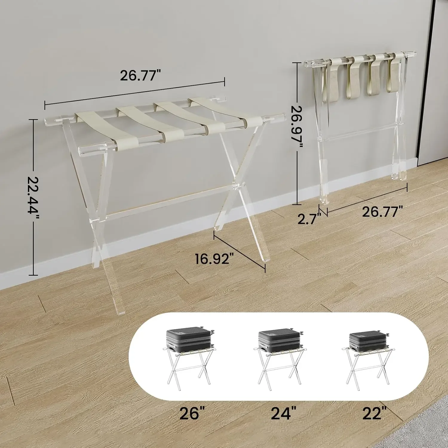 Support de valise de paupières transparent pliable avec poignée, bagages en acrylique T1, sangles en cuir beige, chambre d'amis, paquet de 2