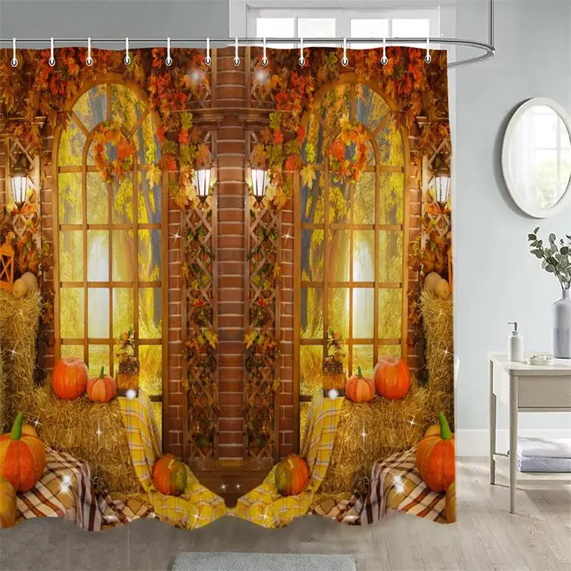 Autumn Barn Pumpkin Shower Curtain Sunflower Haystacks Window Fall Forest Landscape Polyester Bathroom Decor Curtains with Hooks