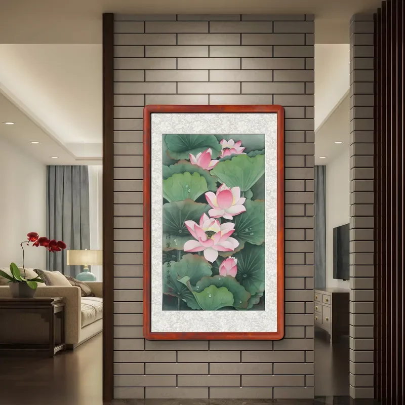 Arte de Parede Oriental em Seda Pintada à Mão, Pincelada Fina, Decoração para Casa, Pintura Clássica de Lótus Chinês, Presente Artesanal