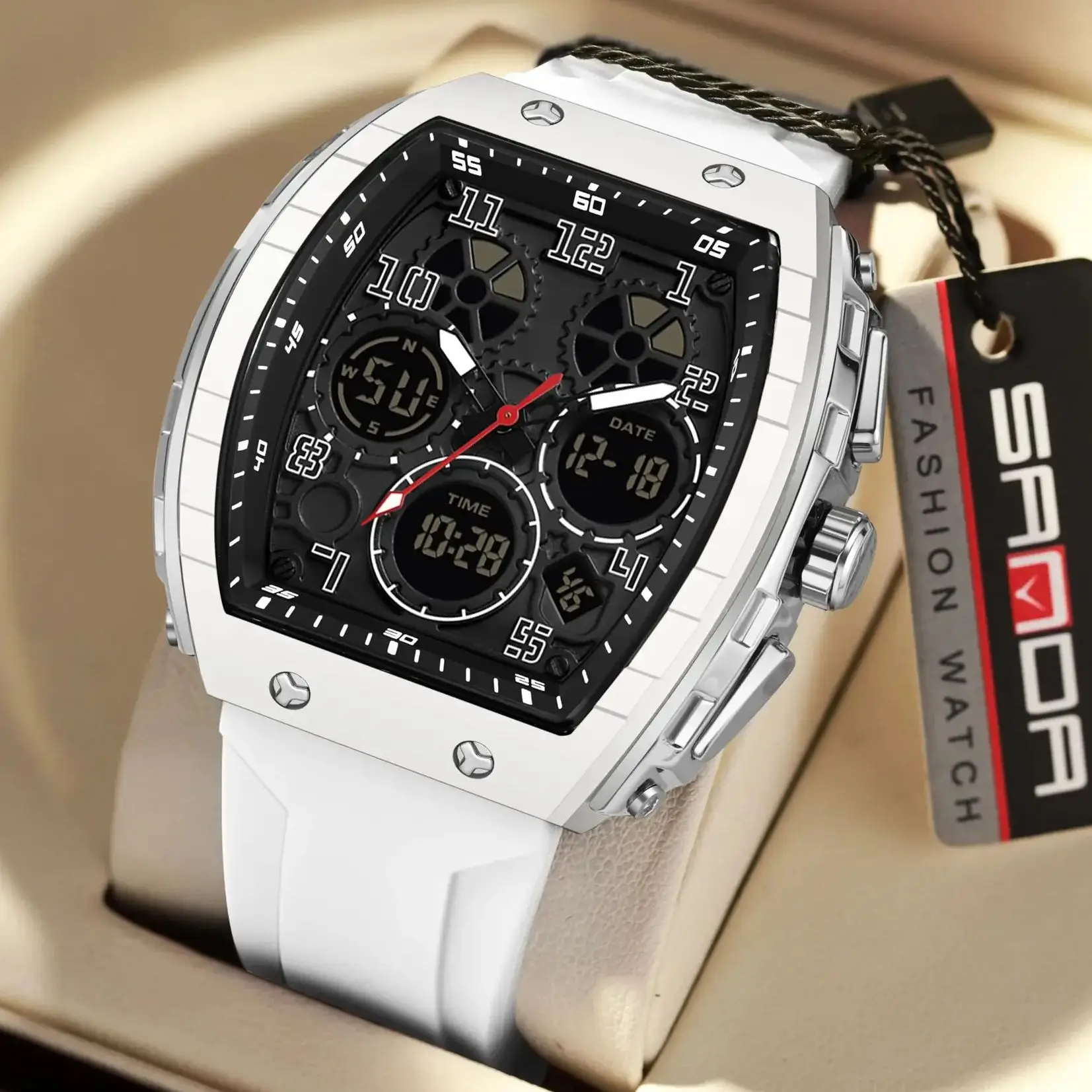 

2025 Sanda Tonneau Dial Watch For Men Military Army Sport Wristwatch Silicone Multifunctional Waterproof Male Led Digital Sports