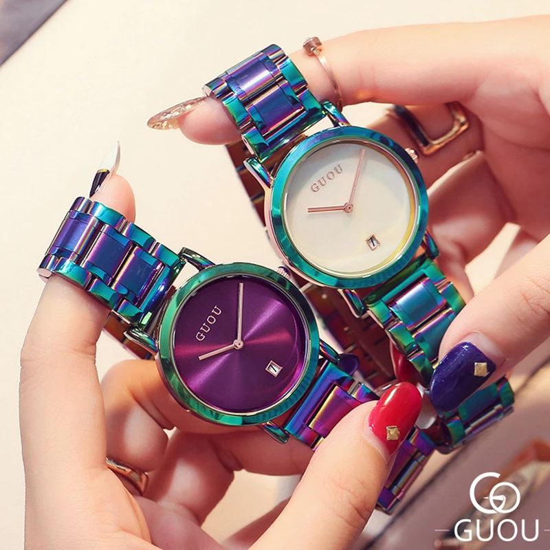 Fashion Guou Top Brand Colorful Rainbow Women Watches Luxury Stainless Steel Bracelet Reloj Mujer Ladies Watch Relogio Feminino