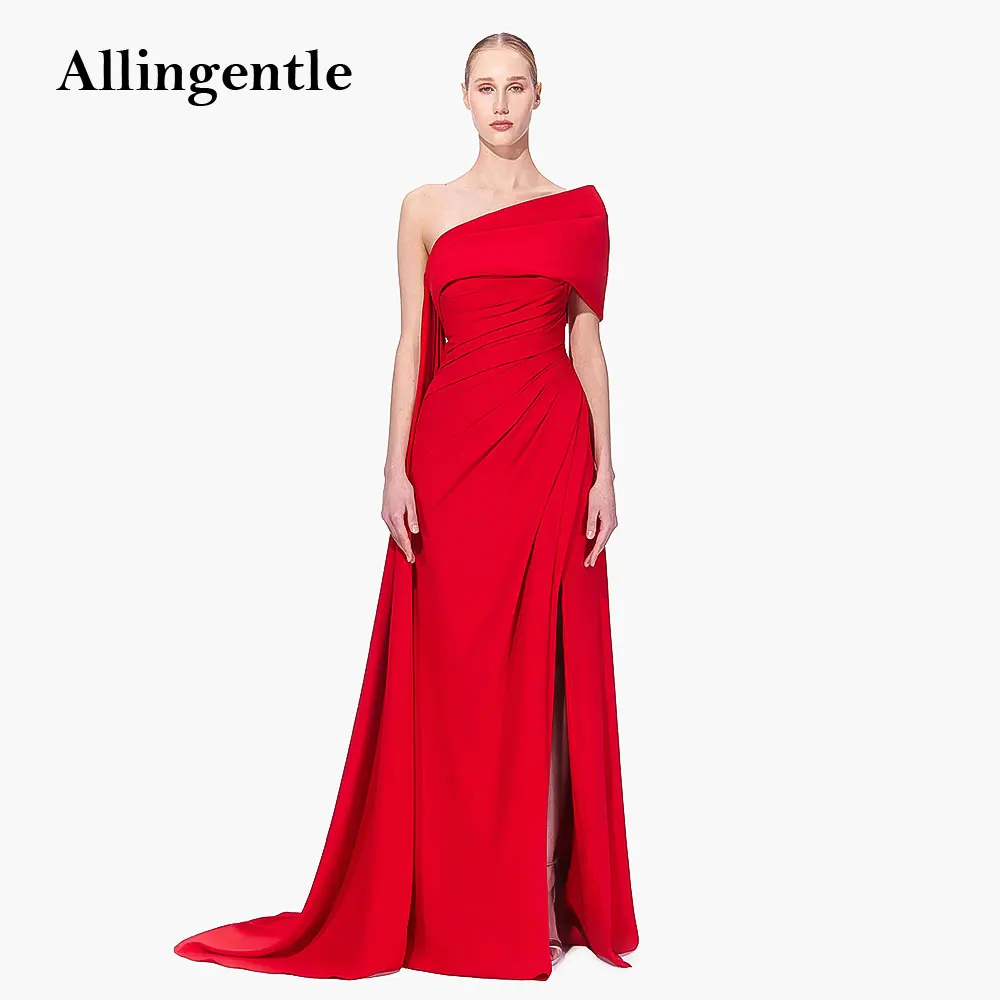 

Long Red Mermaid Slit Prom Dress Robe De Soiree One-Shoulder Ruched Pleat Stain Elegant Women Formal Evening Dresses Customized