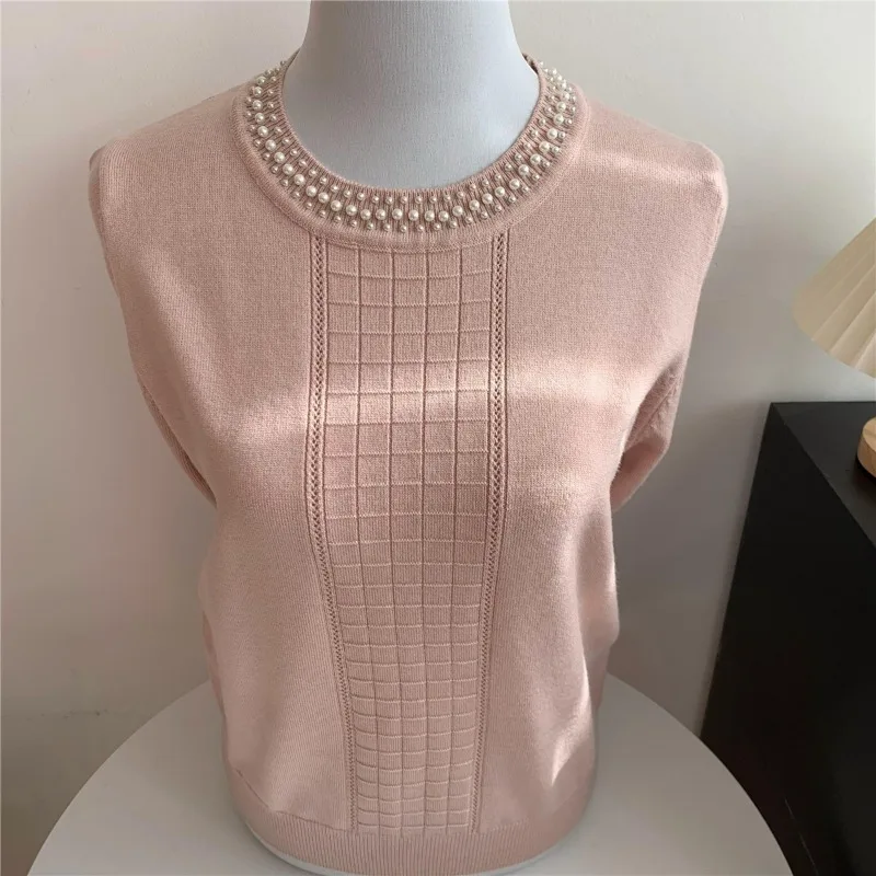 Women Pearl Beaded Crew Neck Knit Vest Grid Texture Sleeveless Sweater Tank Tops