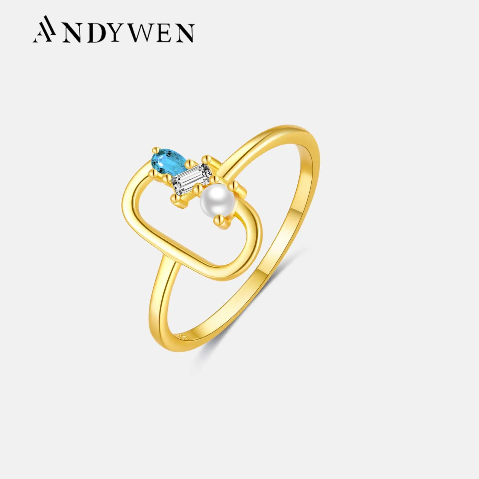 ANDYWEN 100% 925 Sterling Silver Gold Spring Blue Square Ring Women luxury Jewelry Fine Crystal 2022 Women Wedding Jewellry