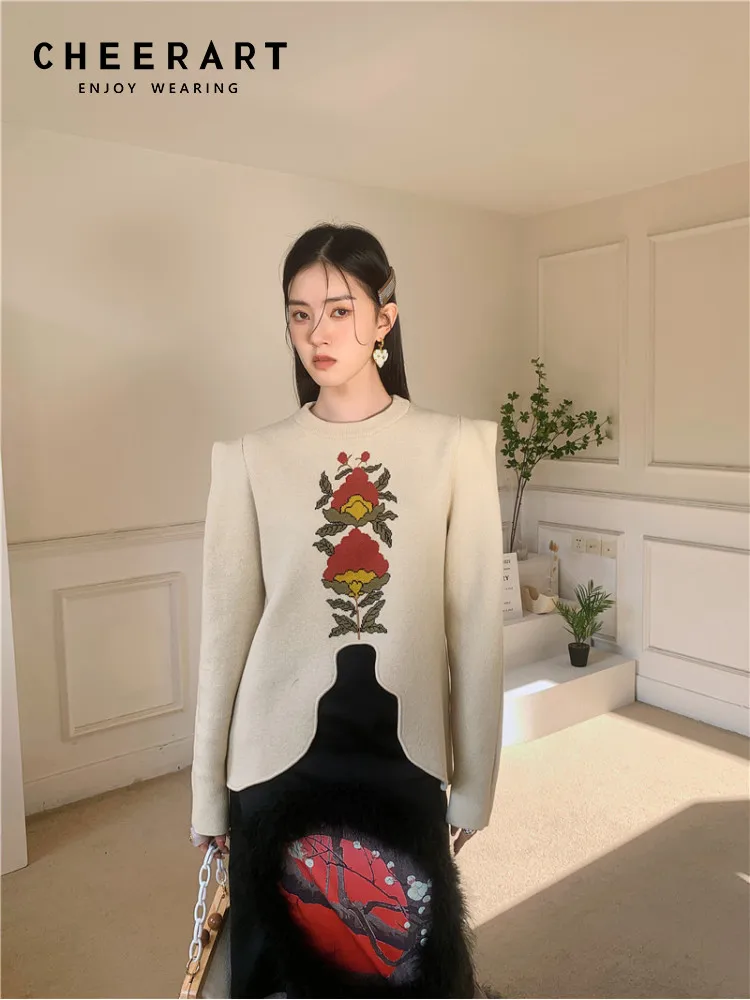 

CHEERART Puff Sleeve Floral Knitted Sweaters For Women Fashion Asymmetrical Designer Sweaters And Pullovers Spring 2022 Clothing