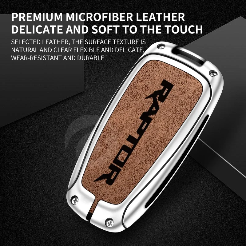 Zinc Alloy Leather Car Key Cover Case Holder Shell for Ford Raptor Custom Logo Protector KeyChain Buckle Interior Accessories