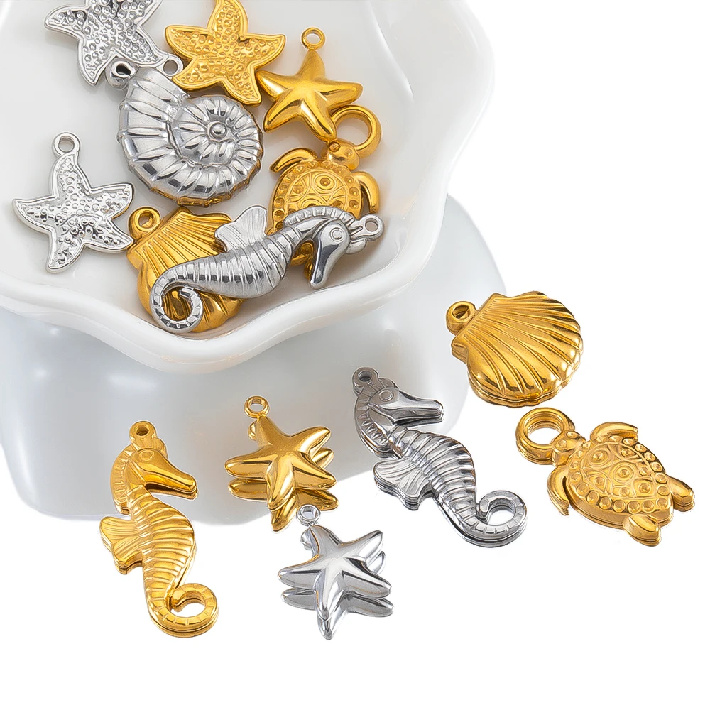 스테인리스 스틸 거북이 소라 쉘 해마 매력 별 귀걸이 펜던트, 목걸이 DIY 주얼리 만들기 액세서리, 5 개, 신제품