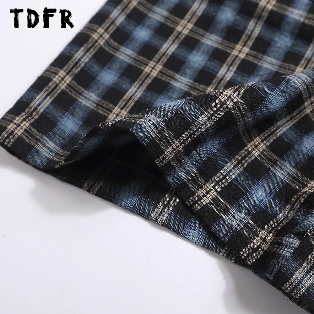 Little bear Embroidery Plaid Short Sleeve Shirts Mens Retro Casual Loose Single Breasted Lapel Half-Sleeve Cotton Shirts Men