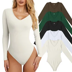 Women's Sexy Scoop Neck Bodysuit Long Sleeve Cotton Shapewear Jumpsuit Tops Bodycon Rompers One Piece Plus Size Black White