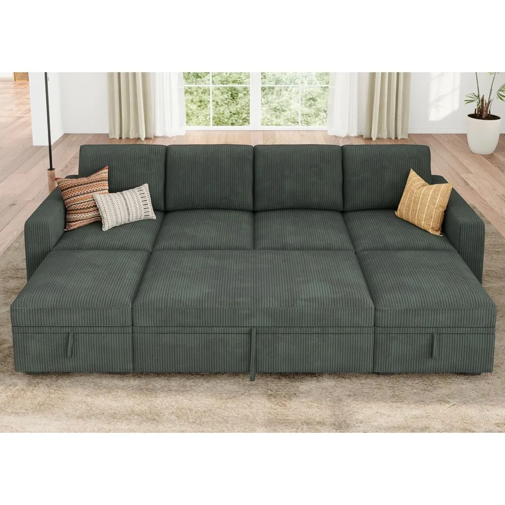 

Modular Sectional Sleeper Sofa Bed, Corduroy Pull Out Couch with Storage Ottoman, U Shaped Sectional Couches for Living Room