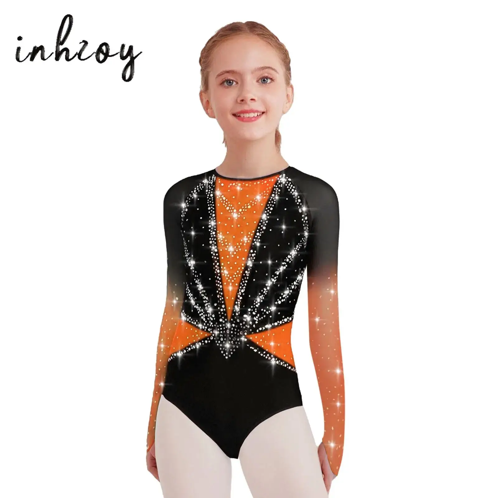 

Kids Girls Gymnastics Leotards Sheer Mesh Long Sleeves Shiny Rhinestones Keyhole Back Color Block Bodysuit Ballet Dance Leotard