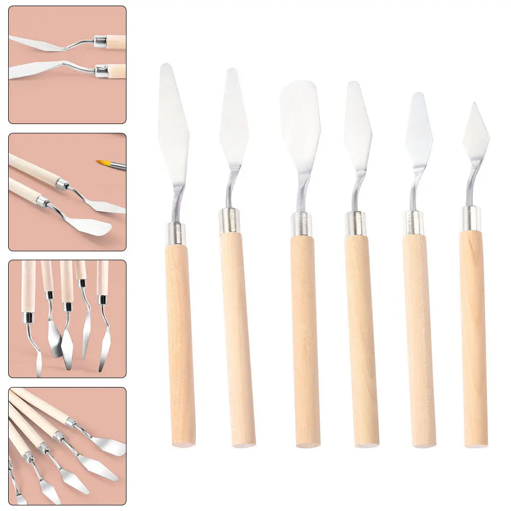 6Pcs Oil Painting Scrapers Stainless Steel Painting Spatula Tools Wood Handle Art Craft Color Mixing Spreading Smudging Supplies