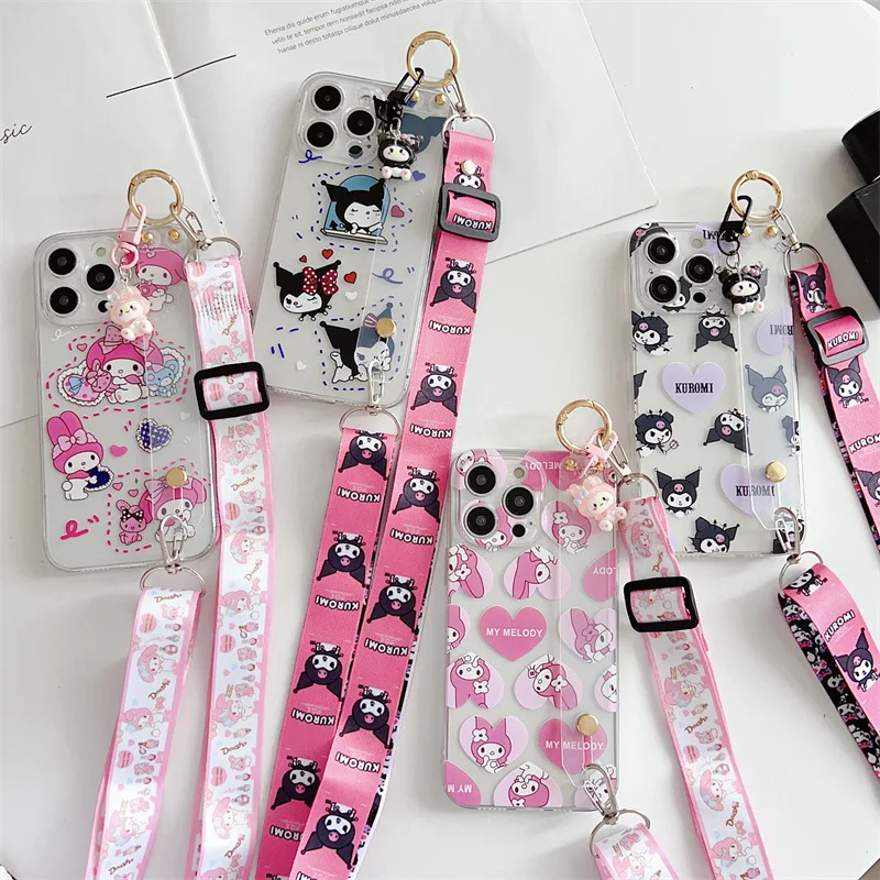 Cute Cartoon Kuromi Melody Phone Case With Clear Strap Lanyard For iPhone 16 15 14 13 12mini 11 Pro Max XS XR X 6 7 8 Plus Cover