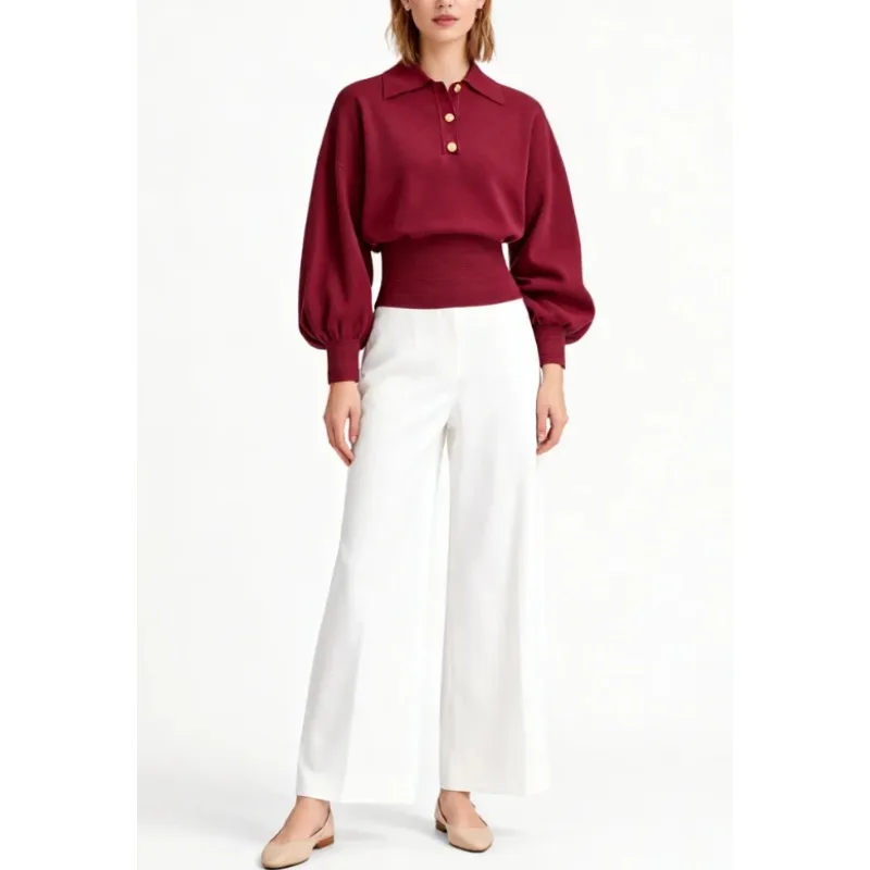 티나 새해 레드 니트 티셔츠 여성용 2025 가을 겨울 슬림 웨이스트 폴로넥 랜턴 슬리브 홀리데이 파티 197739