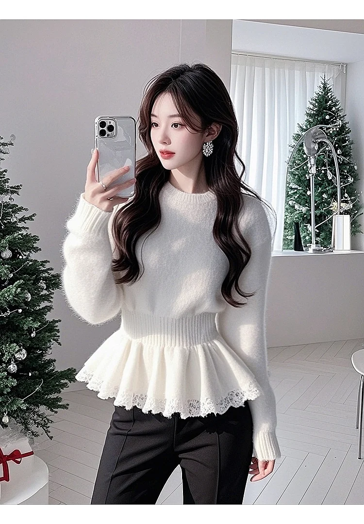 Elegant Women's Round Neck Long Sleeve Knit Sweater With Lace Trim Sweet Style For Office And Daily Wear