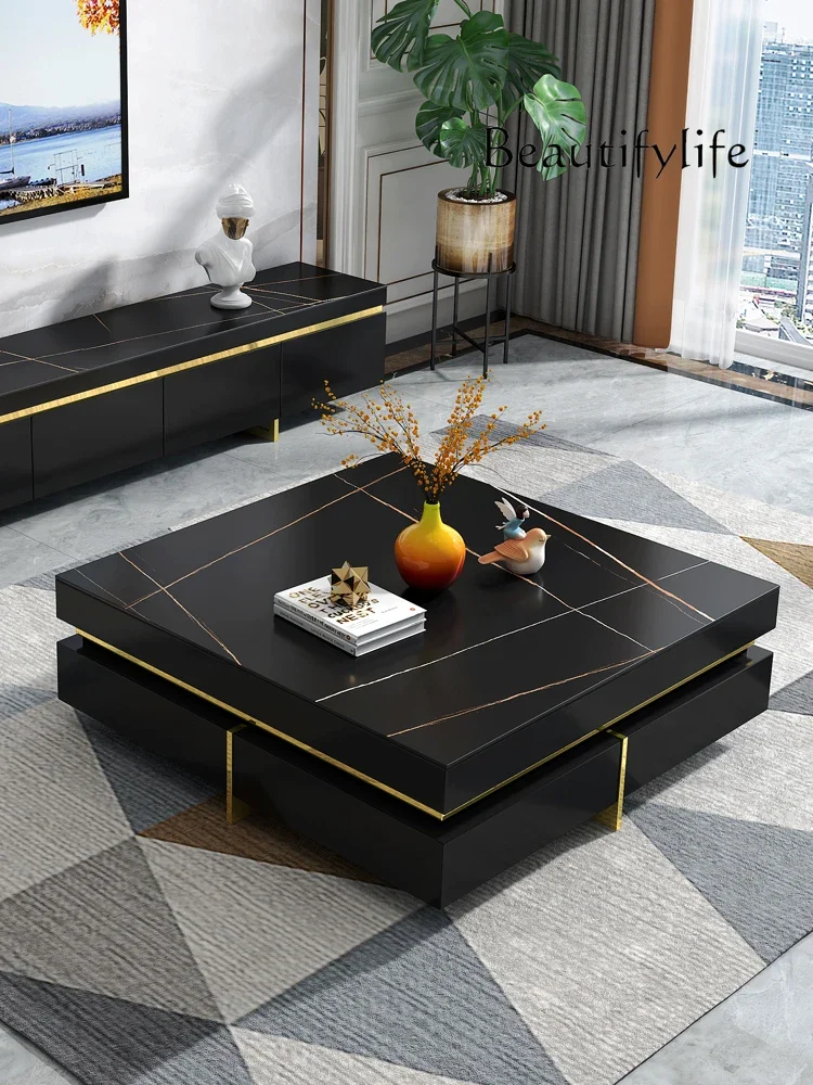 

R Light Luxury Villa Living Room Rock Slab Coffee Table Modern Simple Floor Cabinet Living Room Square Designer