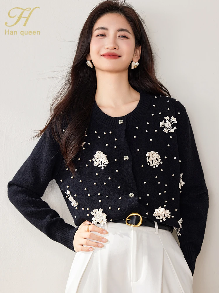 

H Han Queen Autumn Korean Chic Beads O-Neck Knitted Cardigan Sweater for Women Casual Basic Long Sleeve Cardigans Sweaters Coat