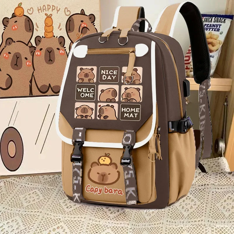 Cute Capybara Backpack Waterproof Large-Capacity Multi-Compartment Backpack Animal Print School Bag Capybara Plush Toy Included