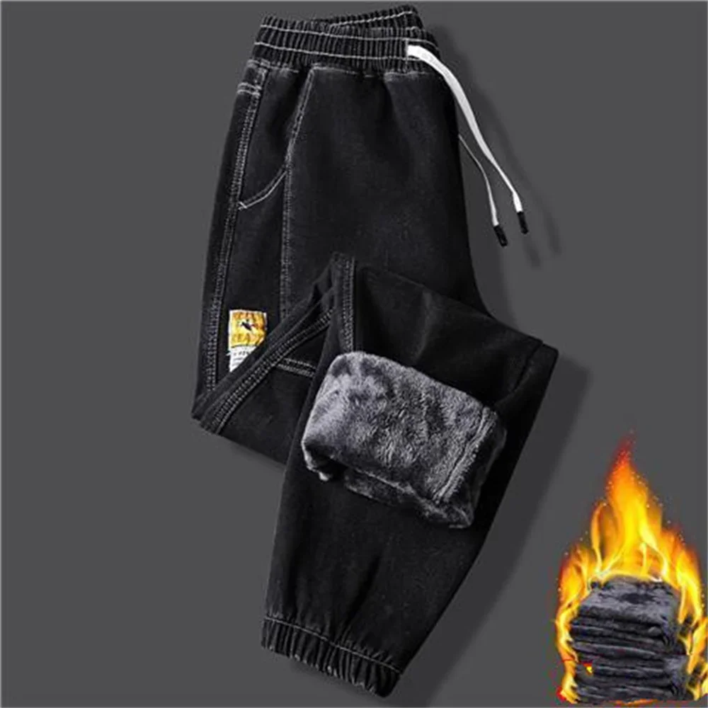 Denim jeans grosso e quente masculino, corredores pretos, calças harém, jeans de lã, roupas de streetwear, inverno