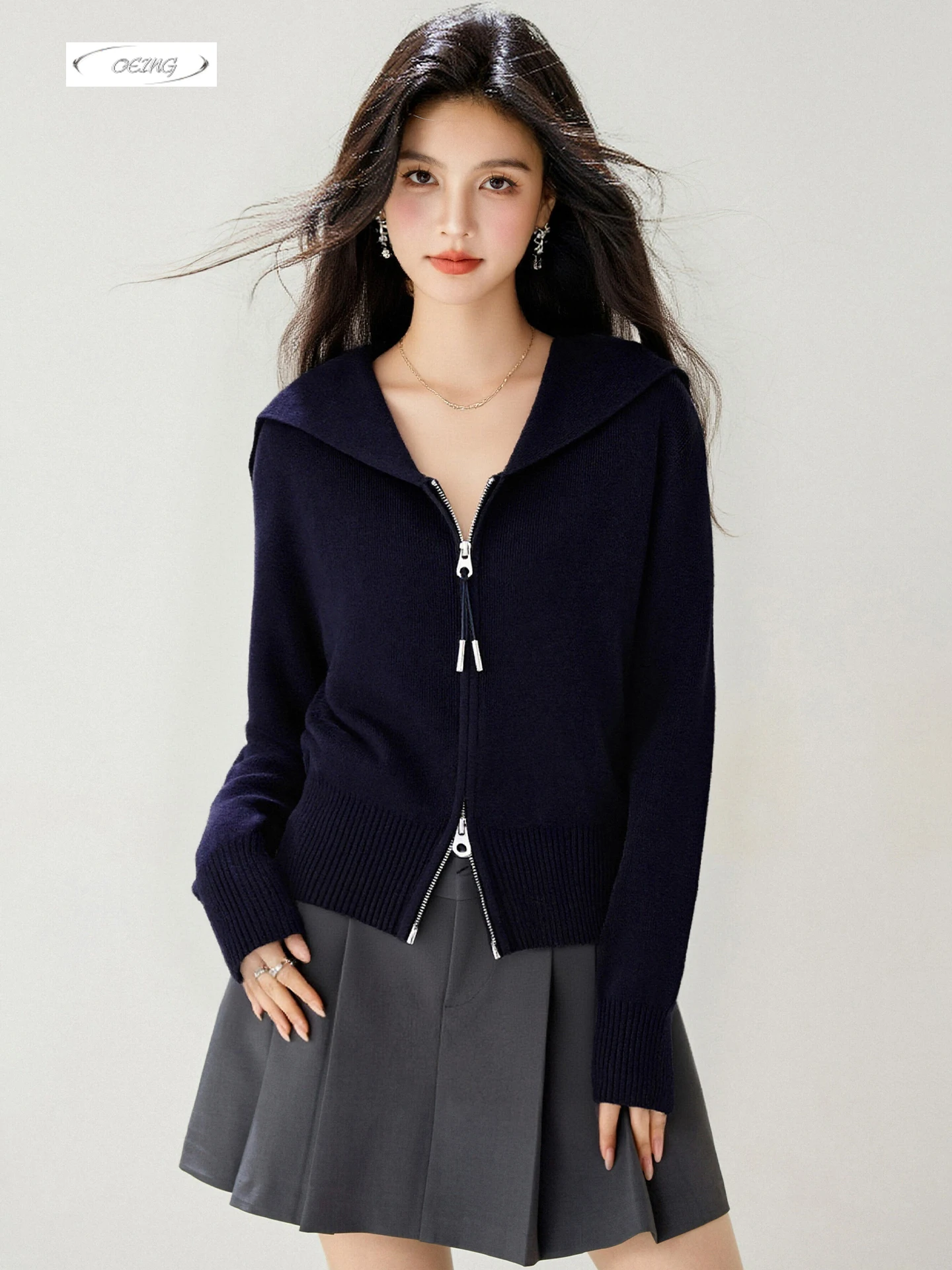 

Women Double Zipper Large Lapel Cardigan Coat Knitted Sweater Autumn Winter Elegant Korean Style Long Sleeve Knitwear Tops 9795