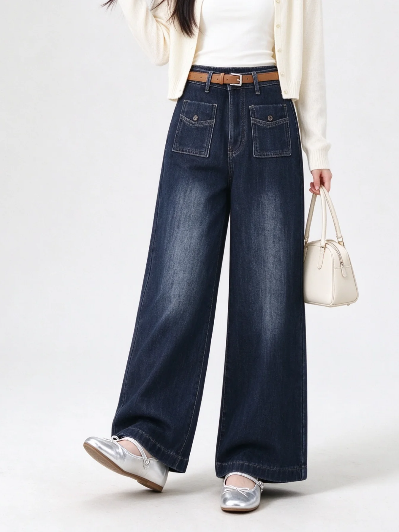 High Waist Fleece Lined Wide Leg Denim Pants Draping Skin Friendly Slimming Long Trousers Korean Style Winter Jeans Ladies