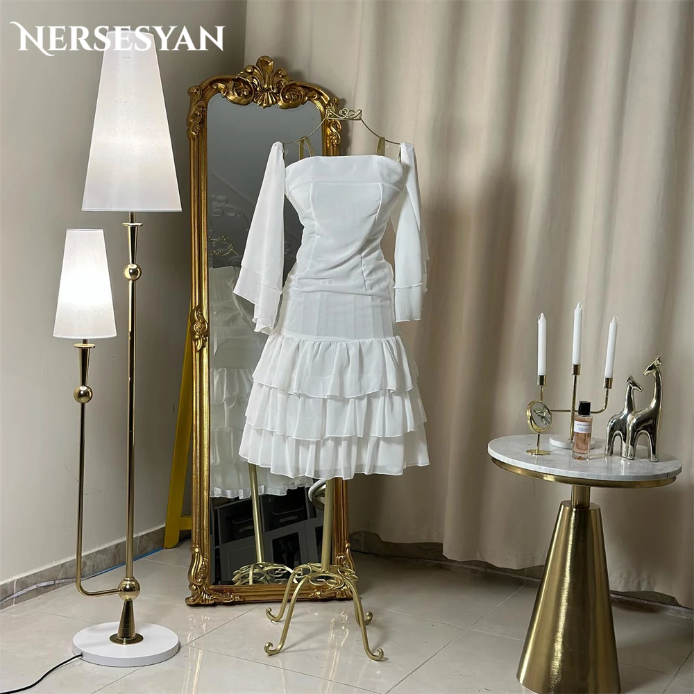 Nersesyan Elegant Solid Wedding Dresses O-Neck Loose Sleeves A-Line Tiered Ruffles Bridal Gowns Mini Bride Dress robe de mariée