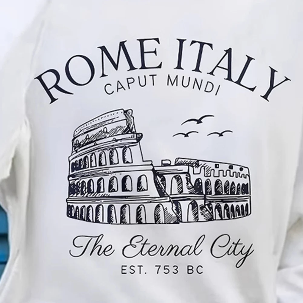 T-shirt a maniche lunghe girocollo con stampa romana da donna, vestibilità ampia e casual per l'uso quotidiano e le attività all'aperto nella stagione calda
