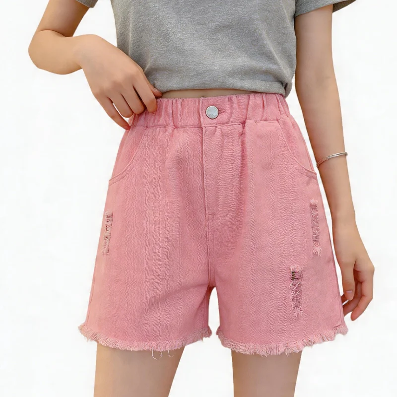 Kid Girl Broken Denim Shorts Summer Fashion Knee Length Elastic Waist Trousers Hot Fit Ripped Jeans Casual Versatile Short Pant