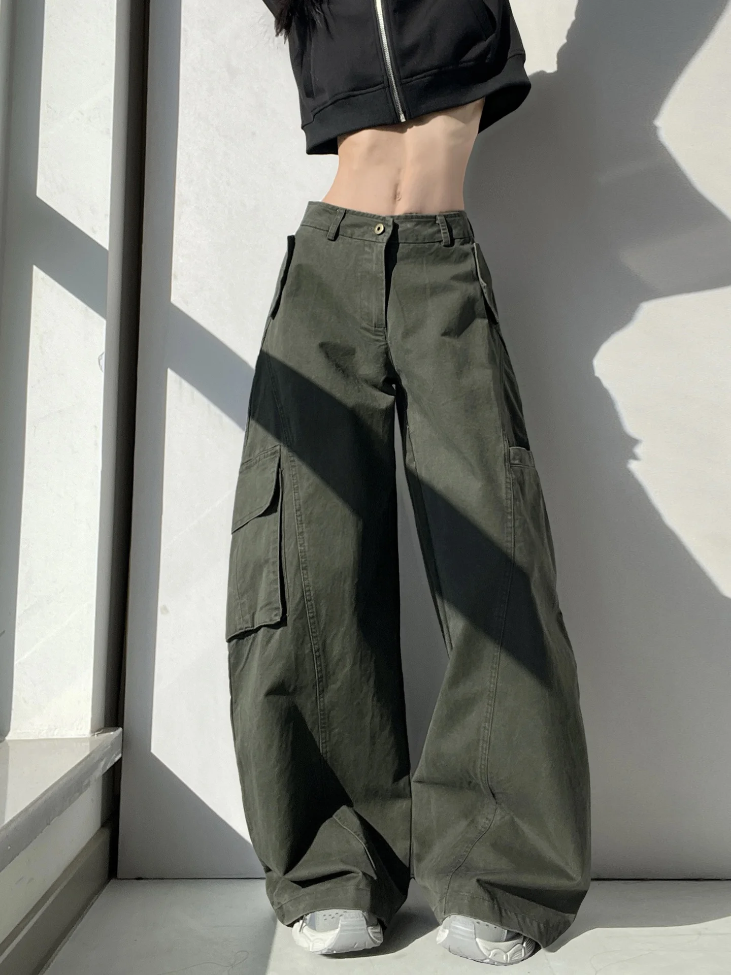 Retro American Asymmetric Large Pocket Women's Casual Pants Washed Loose Leggings Workwear Trousers Natural Waist Button