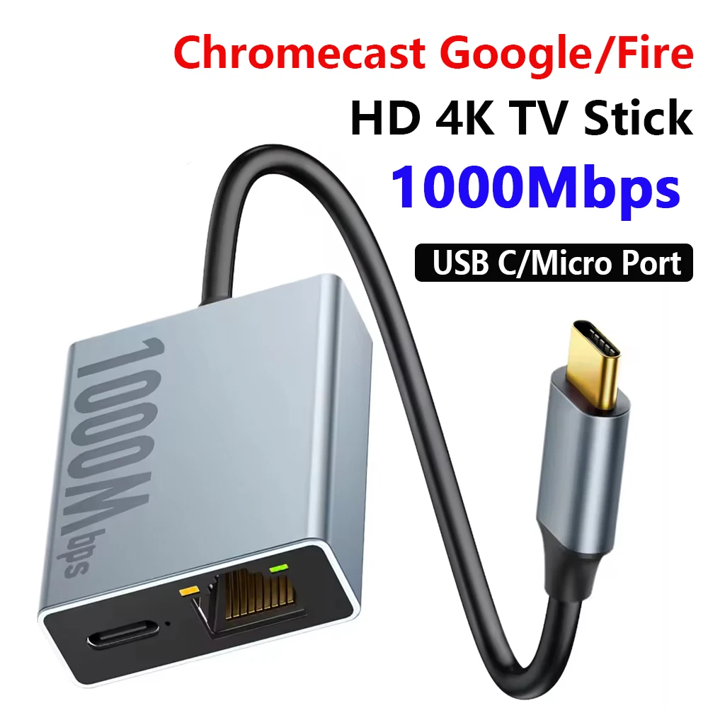 Electop 1000Mbps Ethernet Adapter 100Mbps External Network Card for Chromecast Google TV, Micro Port for Fire TV Stick for PC