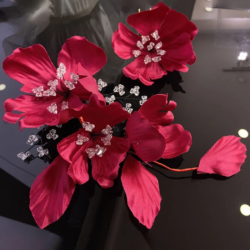 

Новый бордовый трехмерный цветок с кристаллами по краям, заколка для волос, головной убор, свадебные аксессуары для волос