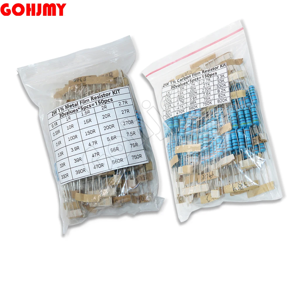 150PCS/set 1% 2W 0.1R~750R 1K~820K Ohm Metal Film Resistor Kit  30 Value Assorted Resistor Pack Set Diy Set of Resistors