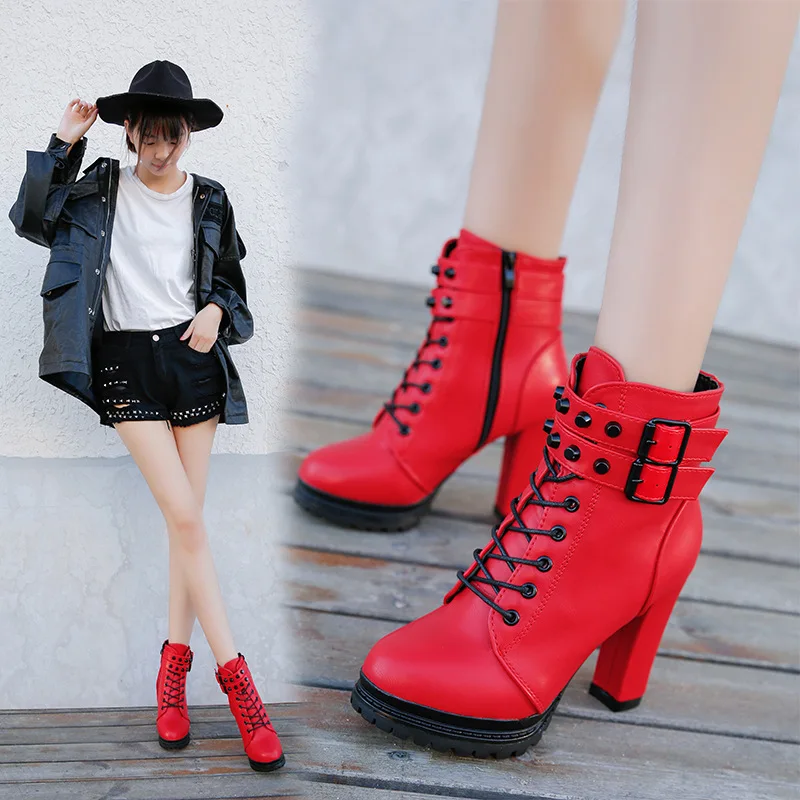 Women's High Heels Fall Chunky Roman-style Belt Buckle Short Boots Fashion Platform Ankle Boots Black Red Ladies Autumn Booties