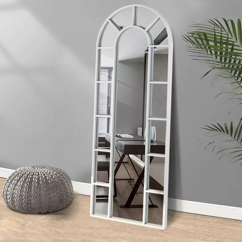 Gold, silver, black aluminum frame, vintage wrought iron arch, design floor mirror