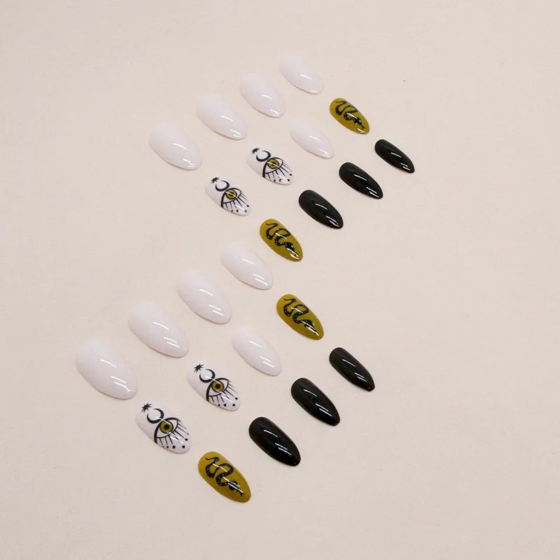 24 قطعة من أظافر الهالوين - جلد الثعبان الأسود مع عيون متوهجة ونجوم متوسطة الحجم على الطراز القوطي اللوز #4