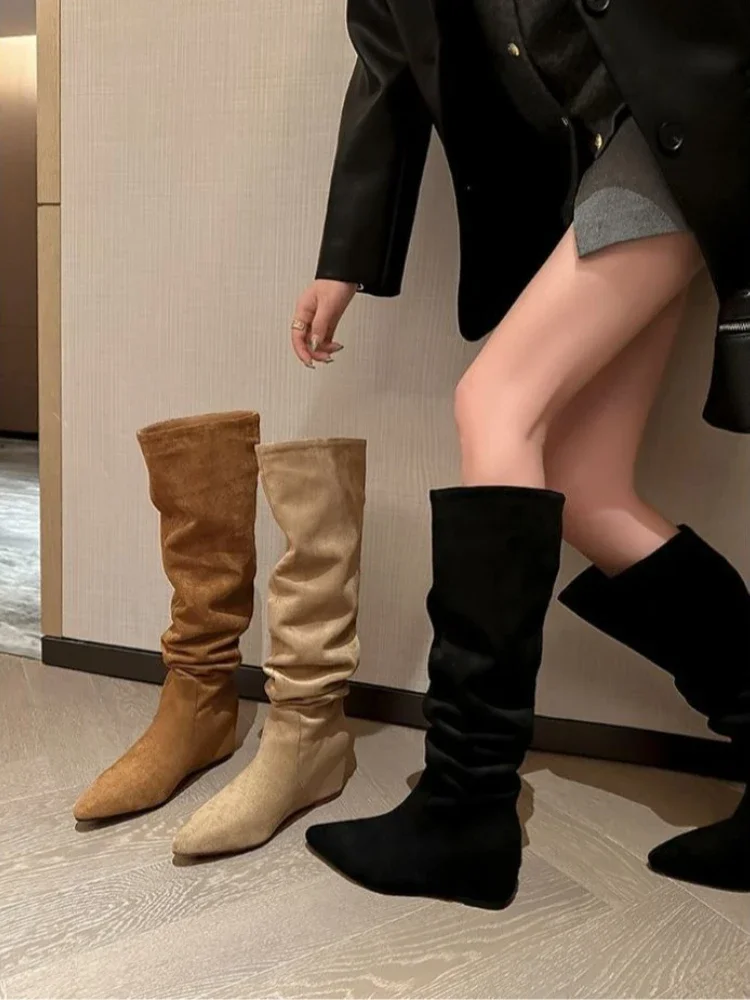 Western Chic Maillard Over Knee Boots Women 2026 Winter Hidden Wedge Slimming Slouchy Tall Boots Short Girl Friendly