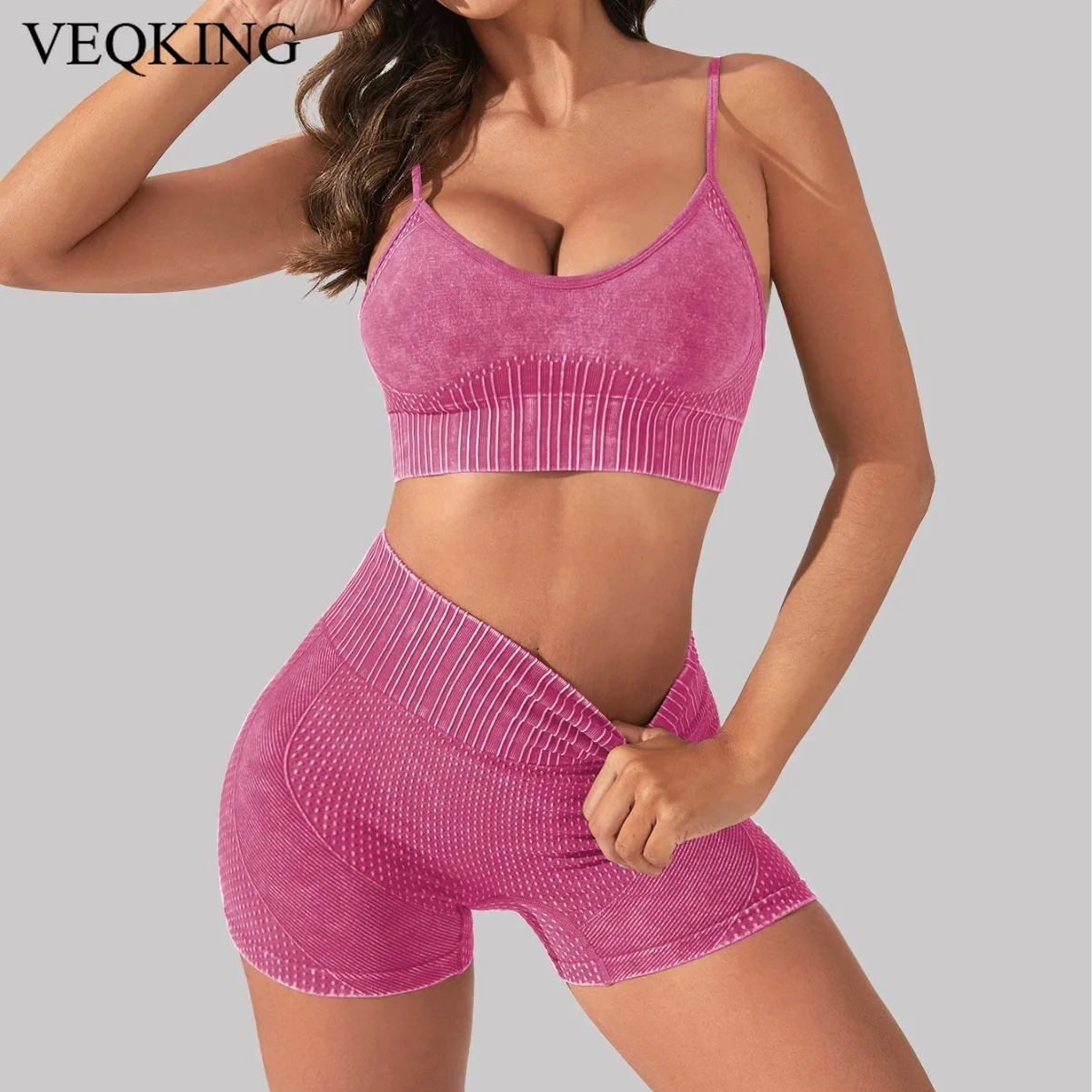 VEQKING Seamless Yoga Sets for Women, 2pcs Gym Sports Shorts Sets, High Waist Fitness Running Sets, Workout Beauty Back Bra Sets