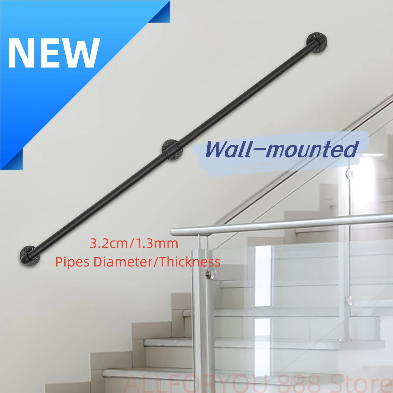 5ft/6.6ft Staircase Handrail Stepladder Stair Railing Wall-mounted Loft Pipe 2 Sections For Indoor And Outdoor