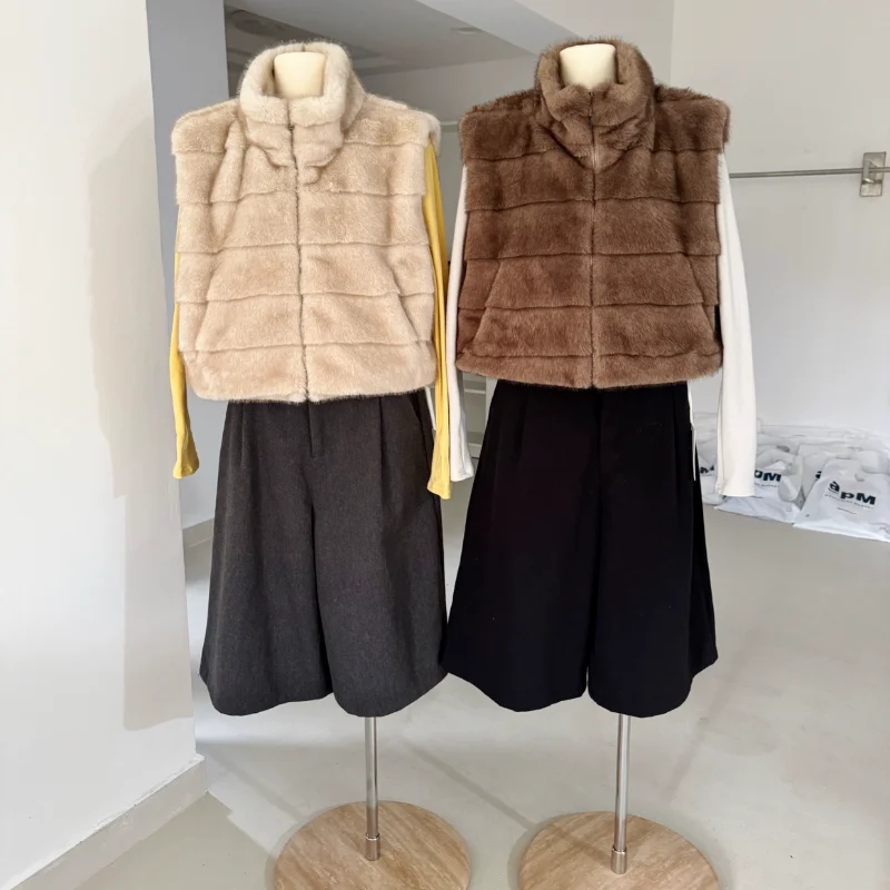 

Корейский меховой жилет с воротником-стойкой, женский осенне-зимний новый жилет Faion 2025 Plu, Jaet с высоким воротником, имитация меха