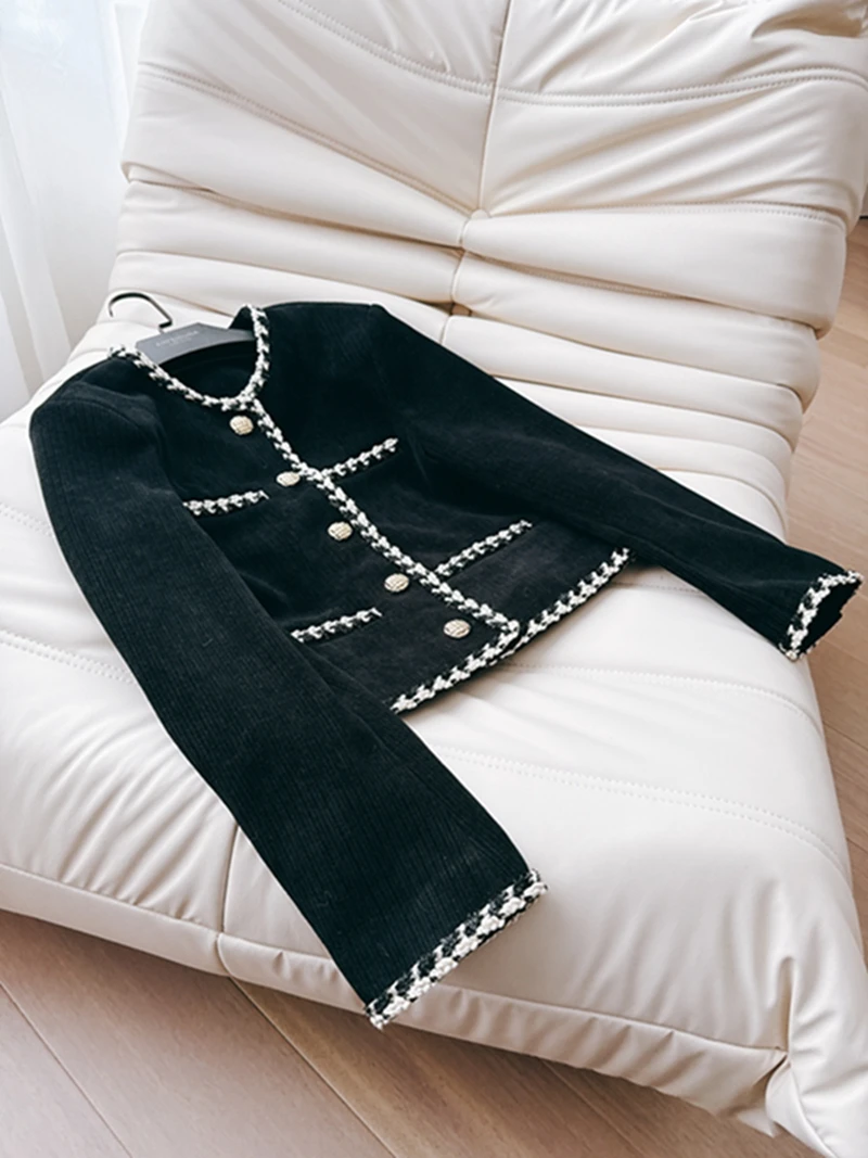 

Handmade Beaded Lace Collar Four ket Velvet Versatile Elegance Bla Small Fraance Jaet Top Retro Sle Slim Fit Polye...