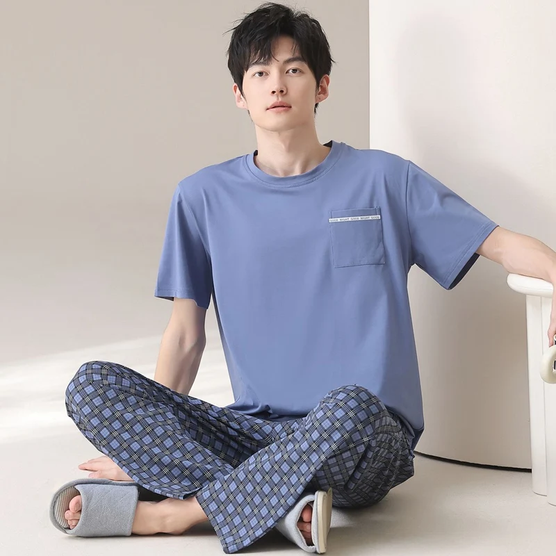 

2026 Summer Short Sleeve Long Pants 100% Cotton Pajama Sets for Men Korean Casual Plaid Sleepwear Pyjama Homewear Home Clothes