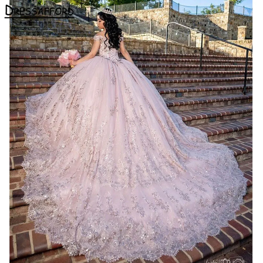 

Sparkly Pink Quinceanera Dress Ball Gown Off The Shoulder 3D Flowers Appliques Corset Sweet 15 Vestidos De XV Años