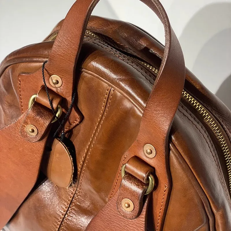 Simple vintage luxury genuine leather men\'s backpacks organizer designer outdoor casual travel real cowhide women\'s schoolbag