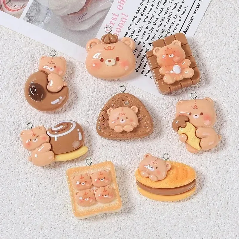 10Pcs Kawaii Bear Toast Coffee Bread Resin Charms Cartoon Food Animal Pendants DIY Handmade Jewelry Accessories