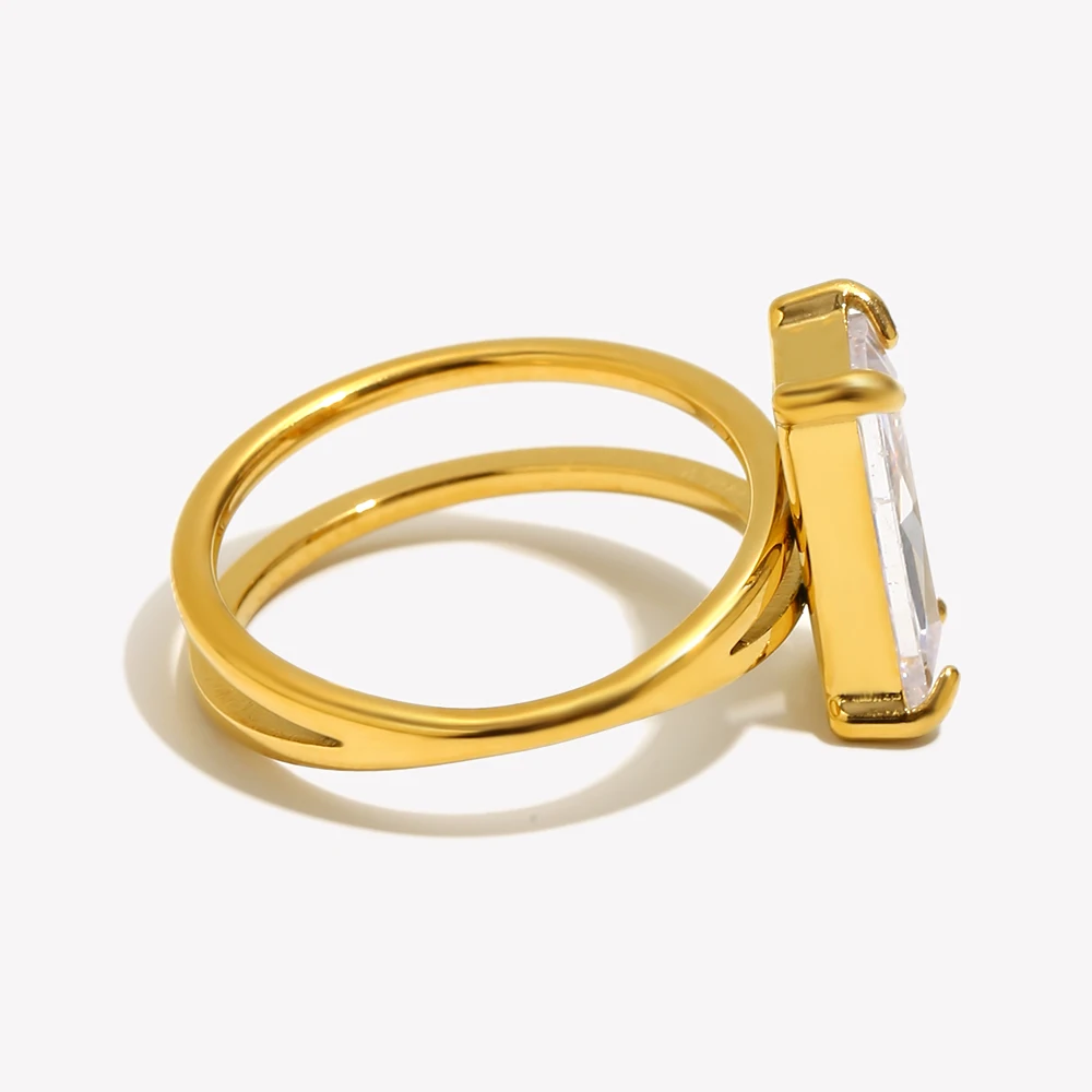 E.B.belle Double Layer Asymmetric Rectangular Rhinestone Ring Waterproof 18K Gold Plated Stainless Steel Jewelry For Ladies