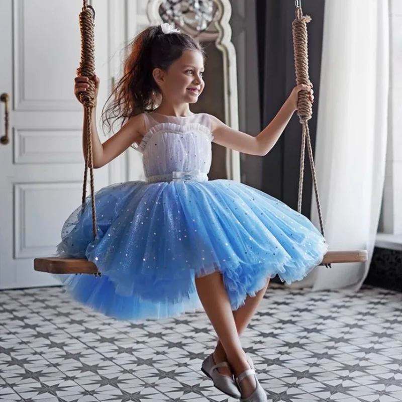 3-10 year old baby clothes new sleeveless mesh sequin fluffy girl princess dress birthday party gradient blue star evening dress