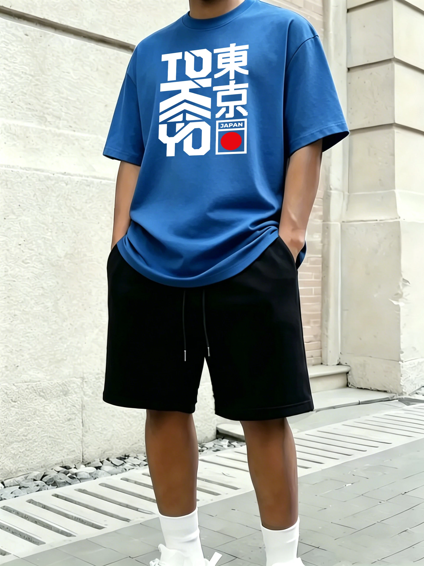 Conjunto de 2 piezas de camiseta y pantalones cortos de algodón con estampado de letras artísticas de Tokio, Japón, para hombre, estilo clásico, fresco y versátil, con bolsillos.