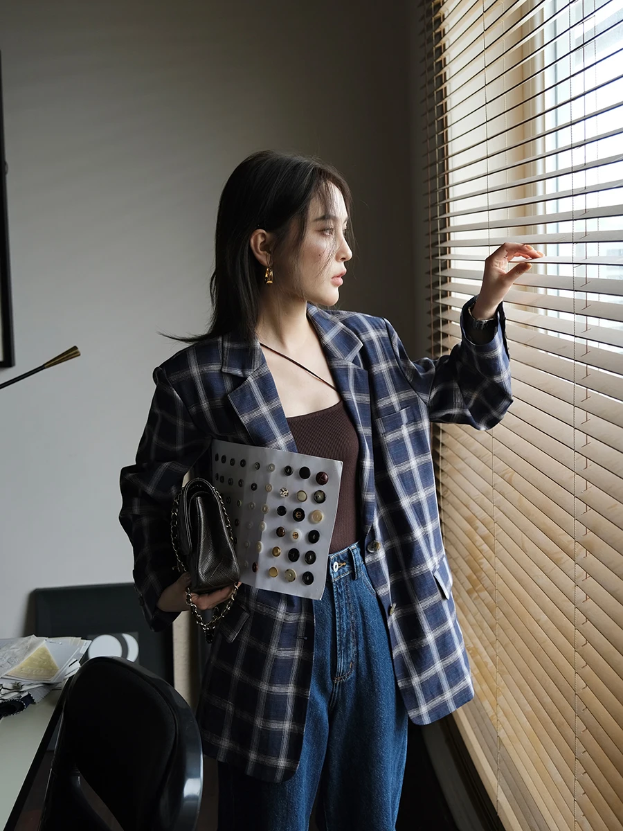 

Epic Linen Plaid Suit Jaet Women's Faionable Exquisite Summer Coat YUM STAR Pure Linen Commute Sle QG23003